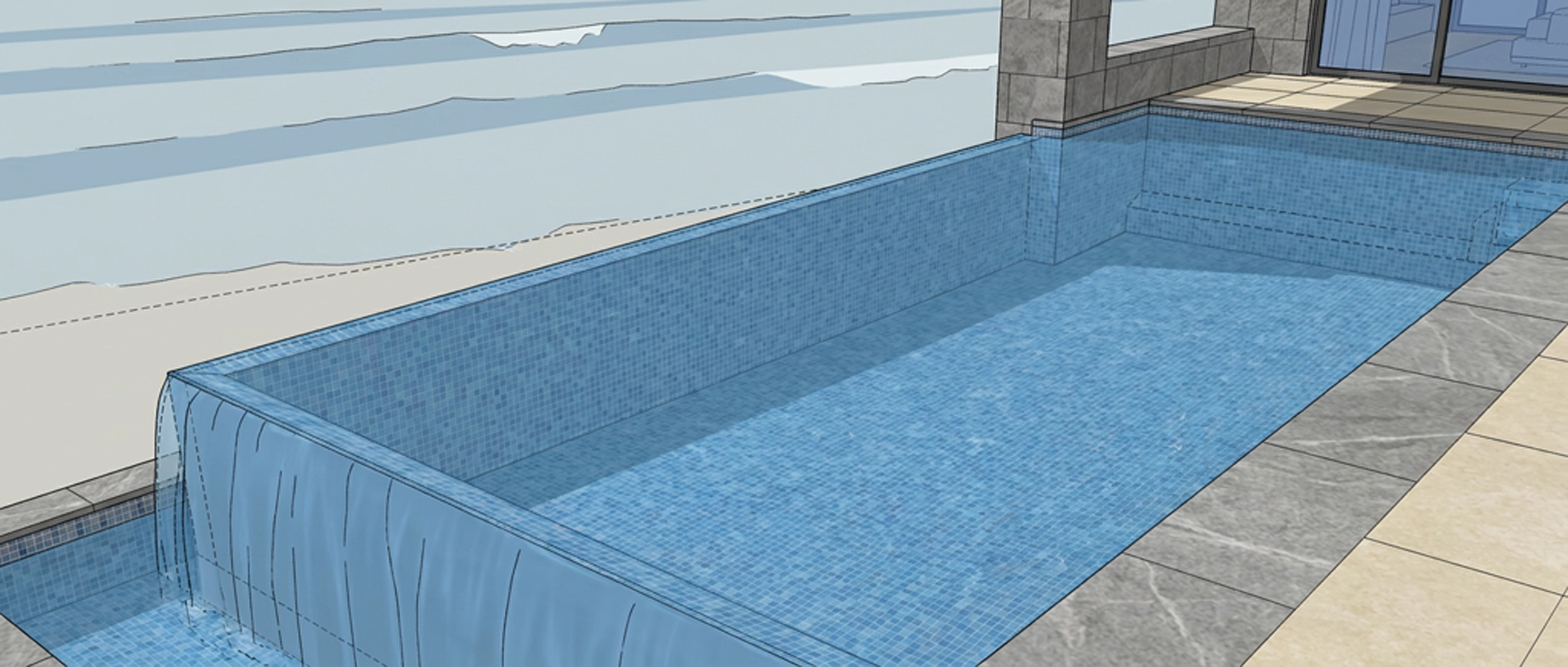 Supplied render of an infinity-edge pool with flat, illustrative water
